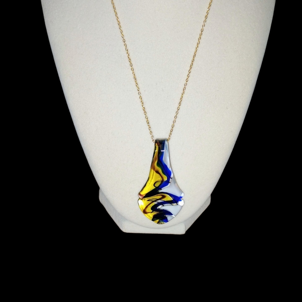 Hand Crafted Blue and Yellow Glass Teardrop Necklace
